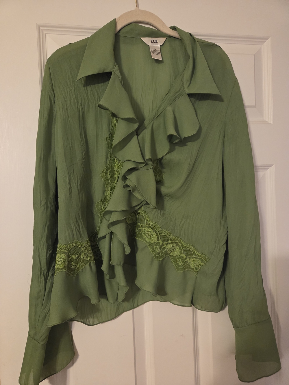 S.L.R. Olive Green Ruffle Lace-Trim Women's Blouse XL NWOT